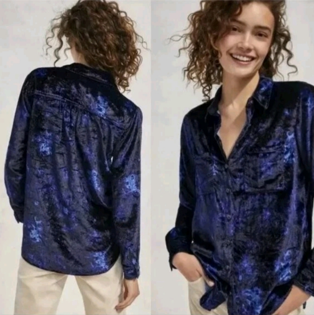 Anthropologie Pilcro Top Blouse Size 8 Women Blue Mara Relaxed Velvet Button